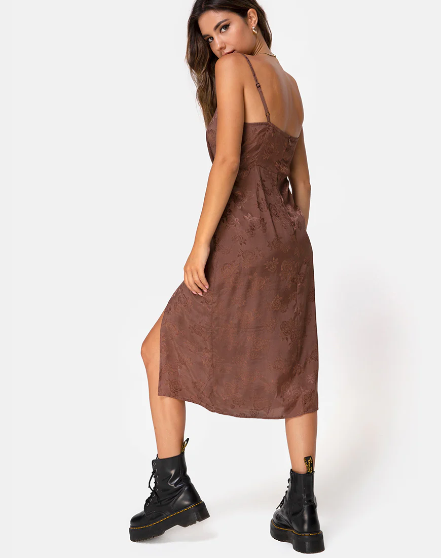 Kaoya Midi Dress in Satin Rose Chocolate - Awmao