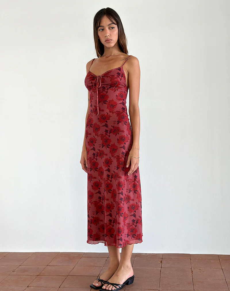 Coya Midi Dress in Fairy Floral Burgundy Flock - Awmao