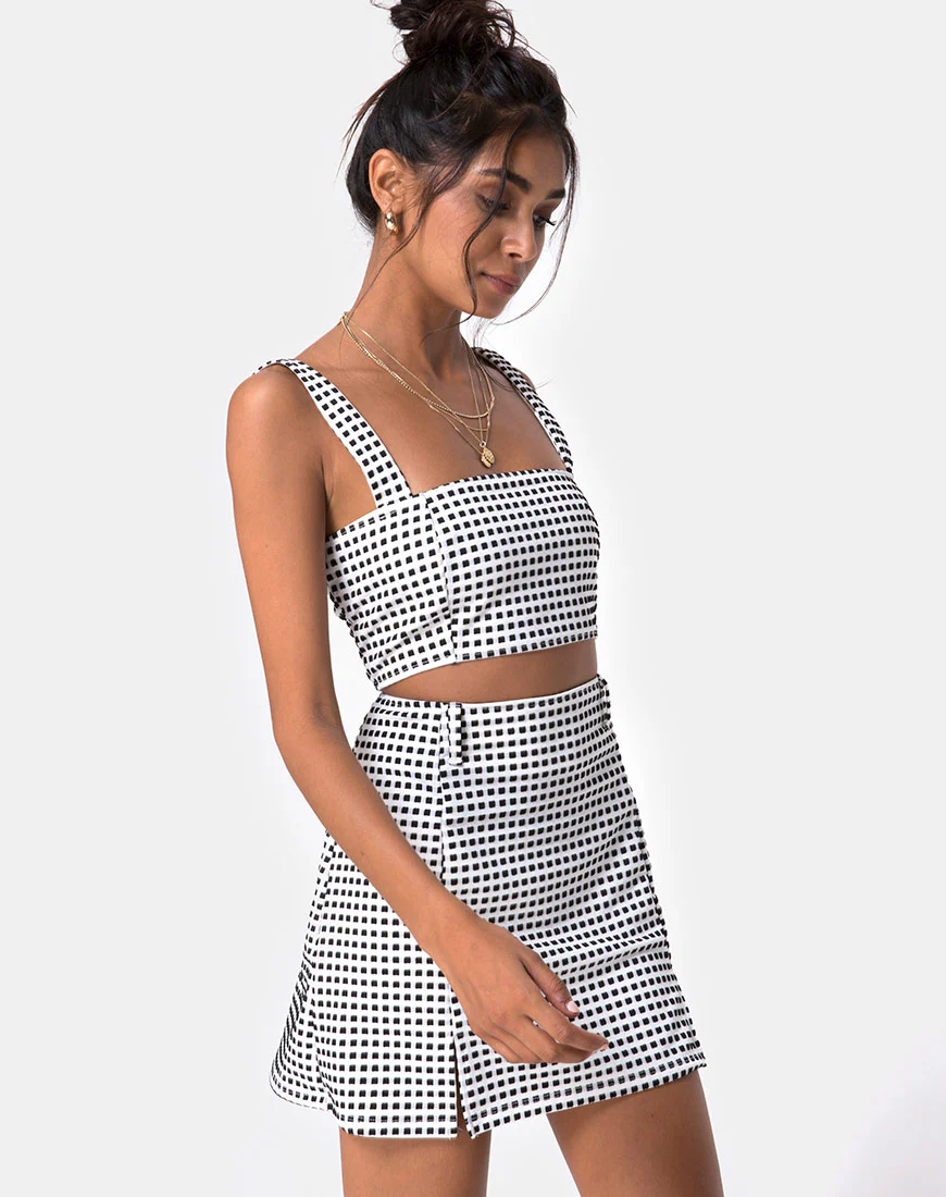 Zaida Skirt in Gingham Ivory Black - Awmao