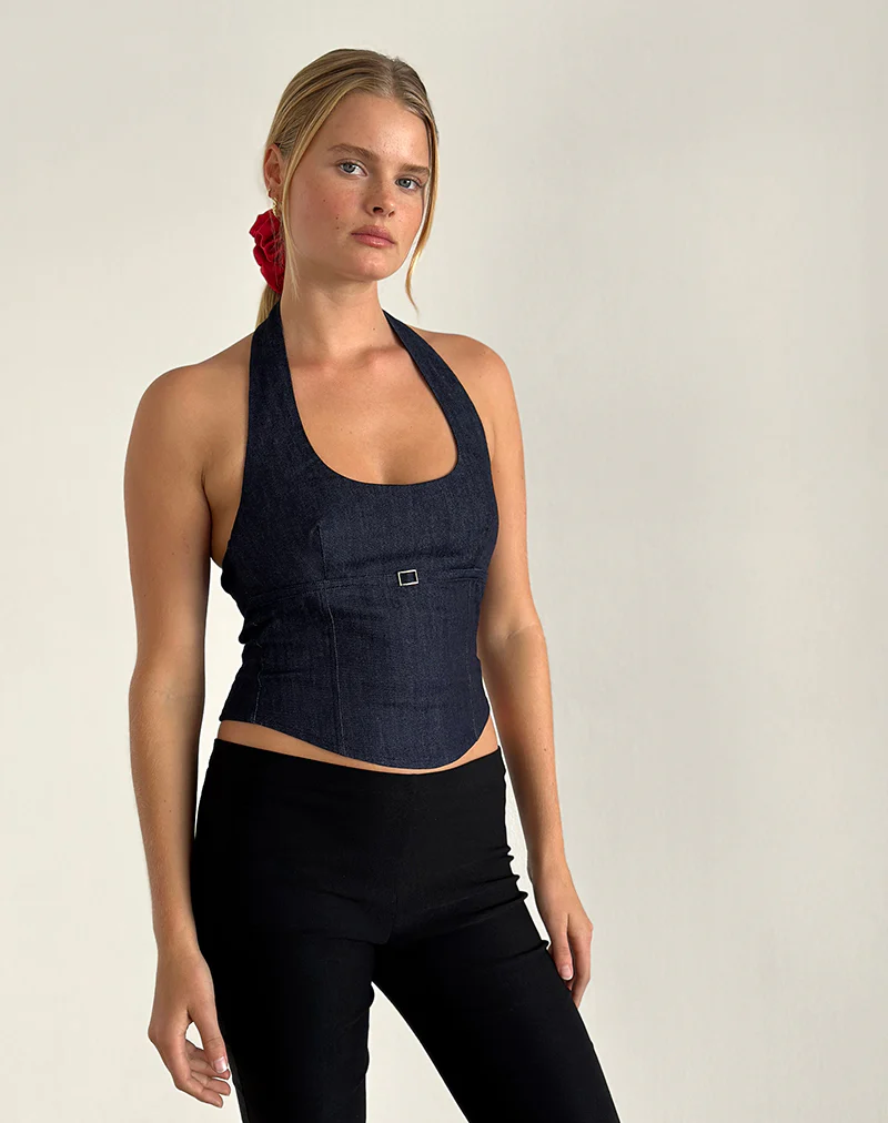 Nasya Halterneck Top in Chambray Indigo - Awmao