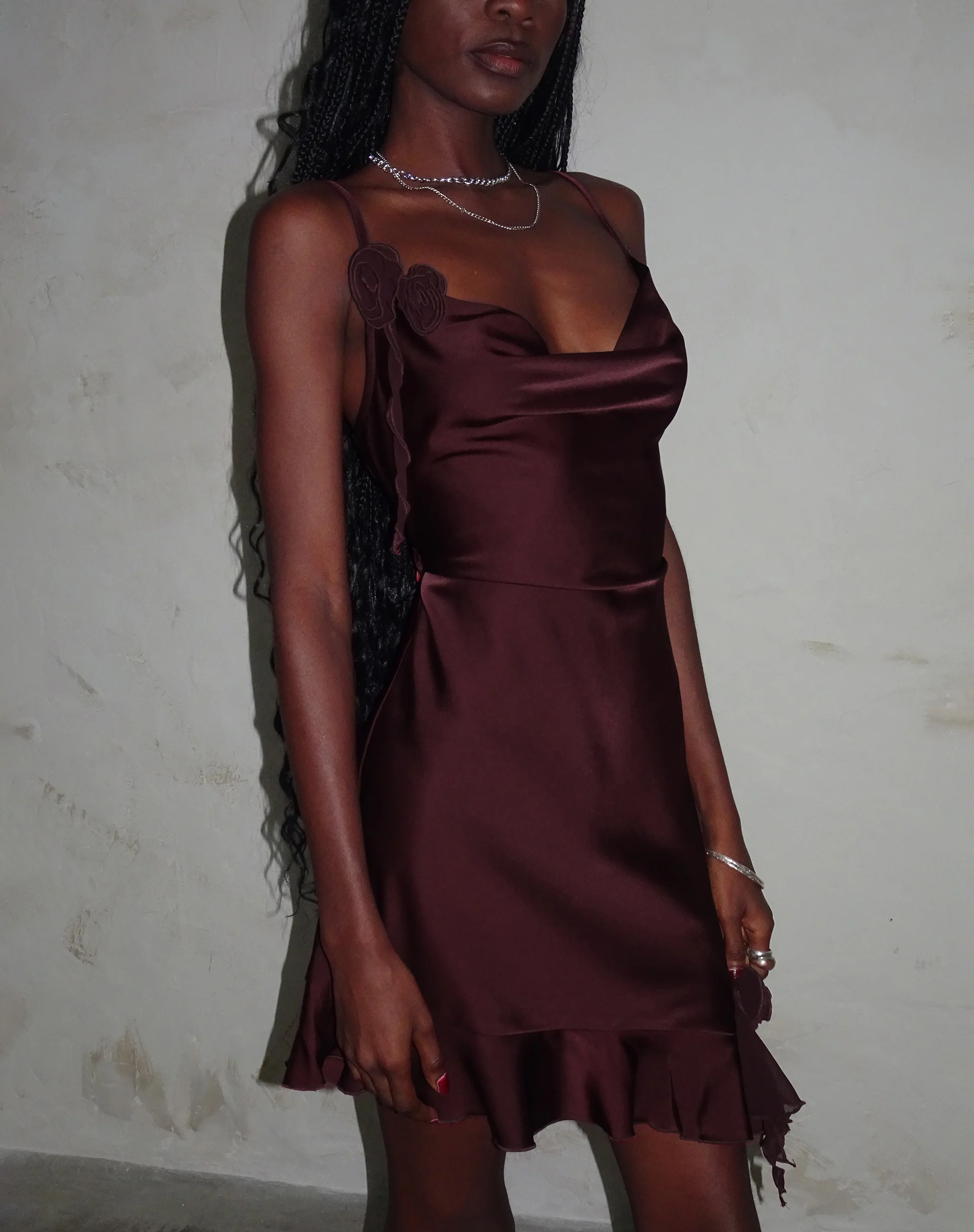 Litera Ruffle Mini Dress in Deep Plum with Rosette - Awmao