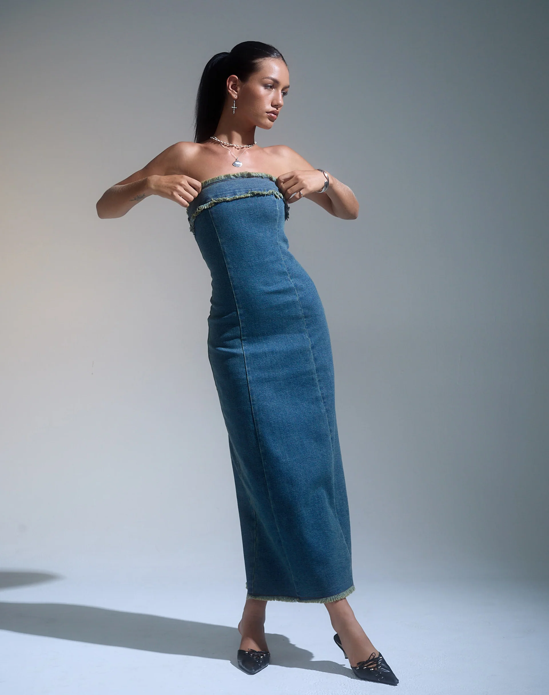 Atun Denim Bandeau Maxi Dress in Brown Blue Acid Wash - Awmao