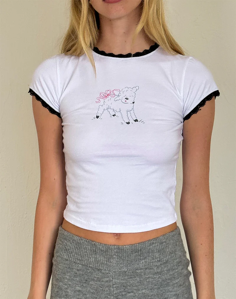Zyzy Baby Tee in White with Sheep Print - Awmao