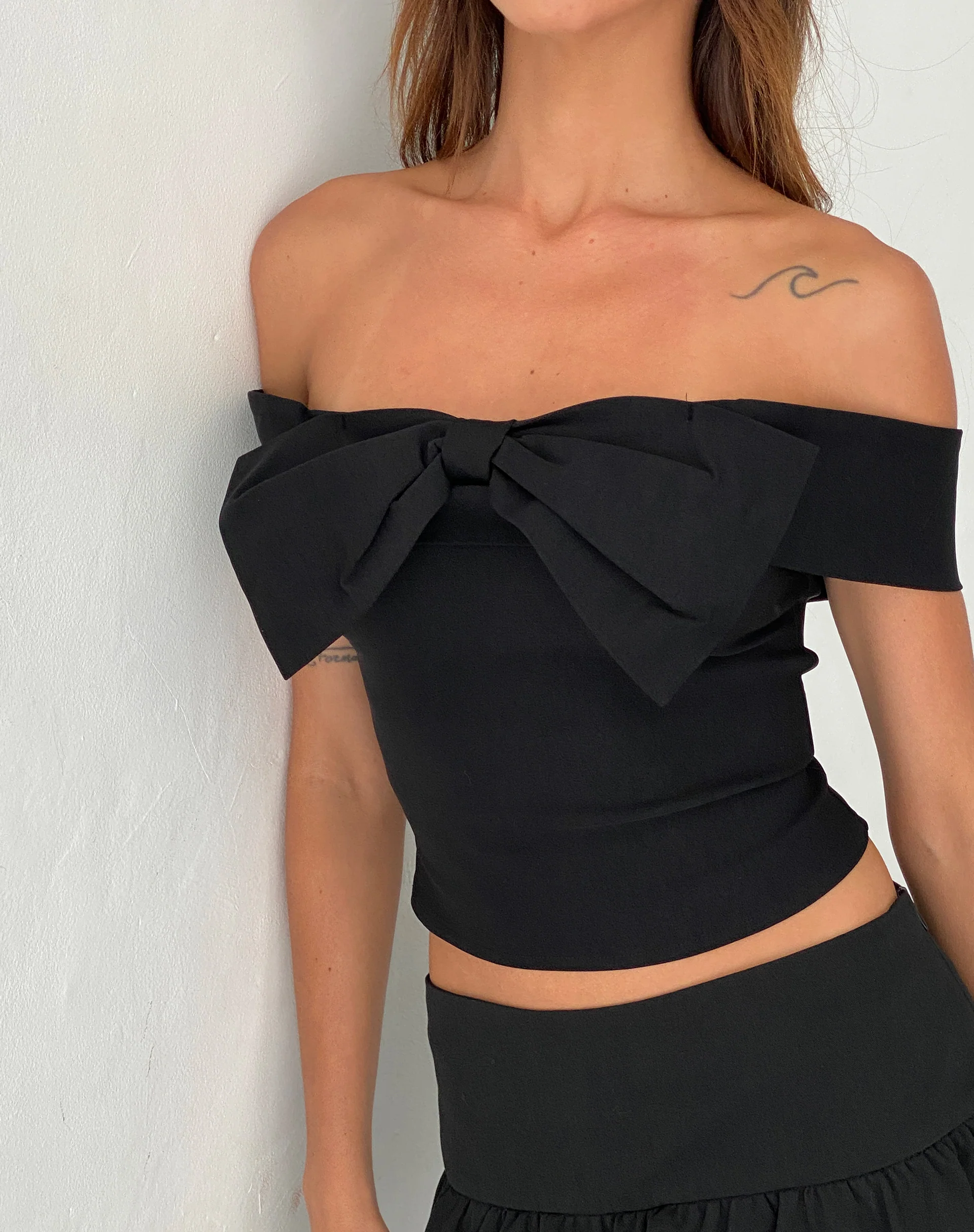 Naras Bow Front Bardot Top in Black Tailoring - Awmao
