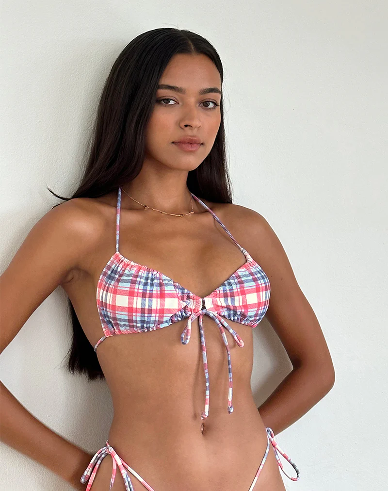 Kaia Bikini Top in Pastel Pink Tartan - Awmao