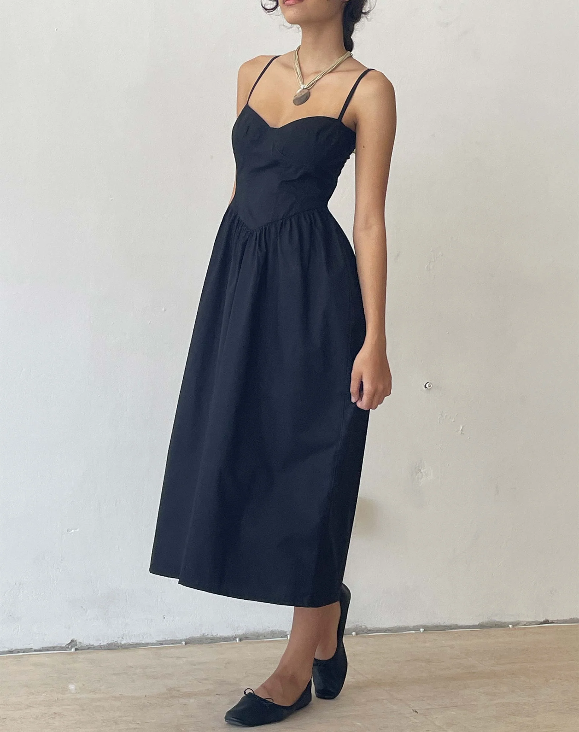 Clementine Corset Midi Dress in Black Poplin - Awmao