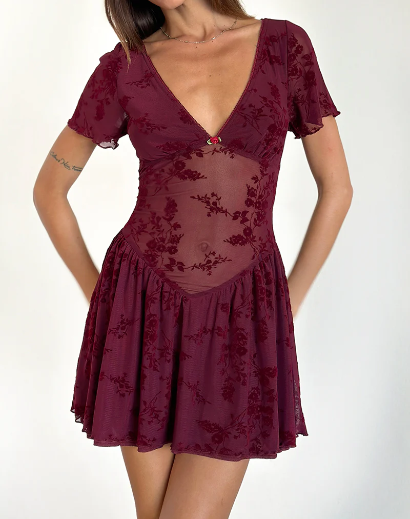 Geni Mini Dress in Botanical Flower Maroon - Awmao
