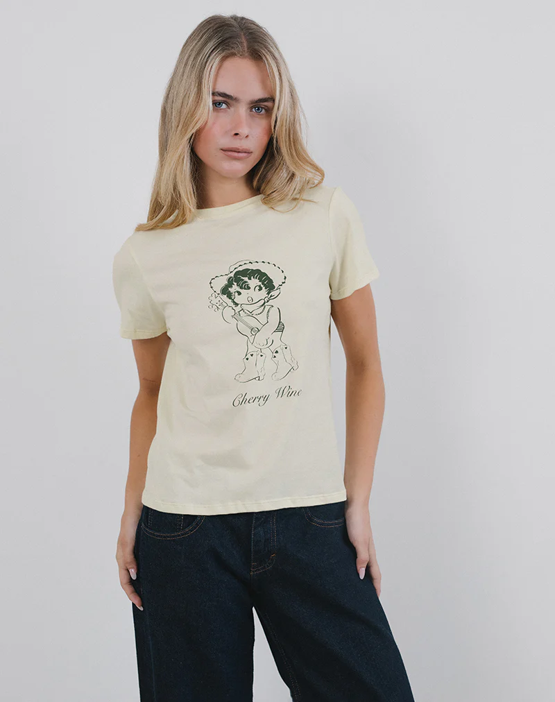 Saki Tee in Buttermilk with Cherry Wine Print - Awmao