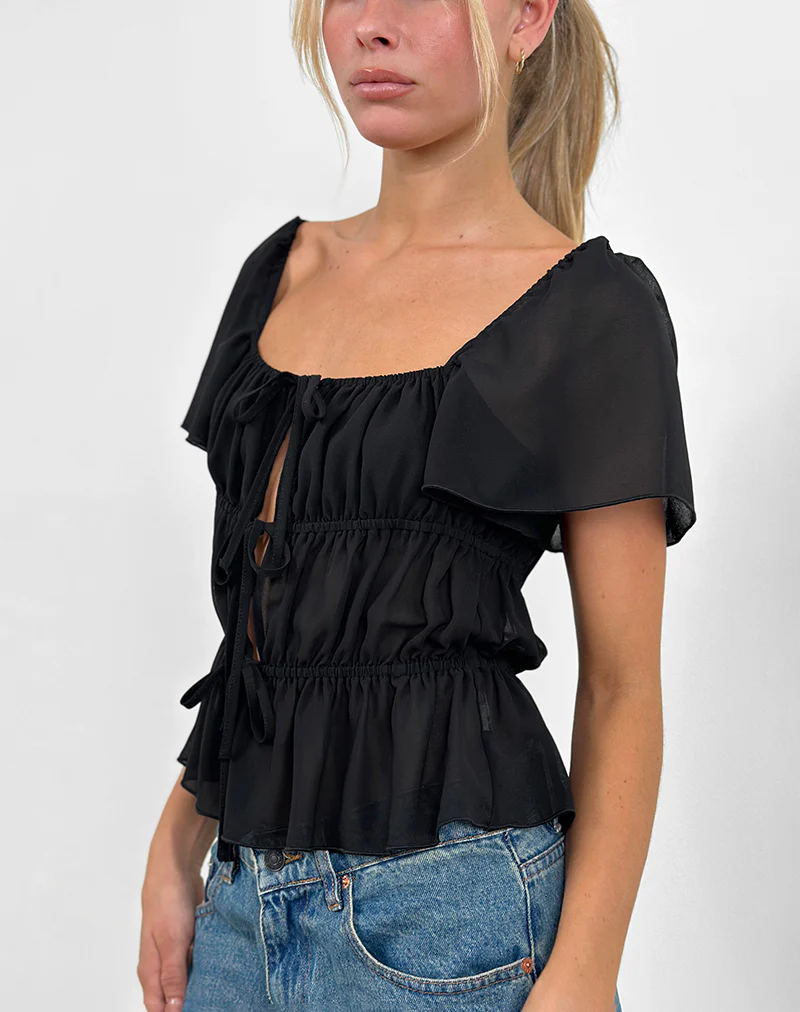 Cintan Tie Front Top in Black - Awmao
