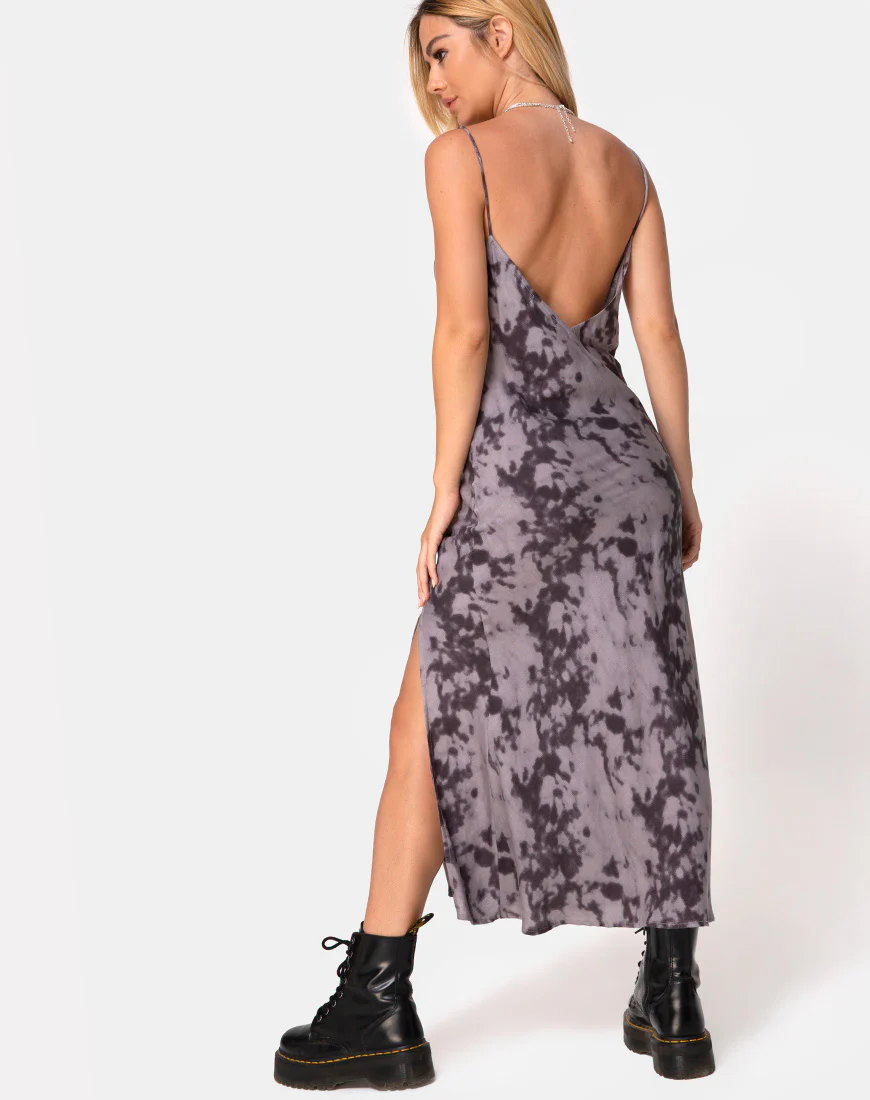 Samia Midi Dress in Grey Bleached Tie Dye - Awmao