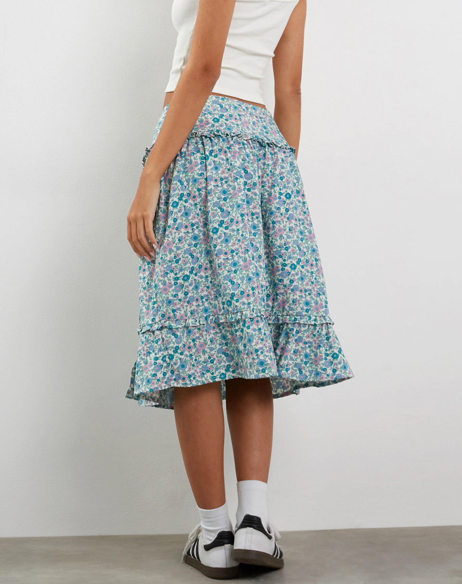 Kasya Frill Hem Midi Wrap Skirt in Flower Power Blue - Awmao