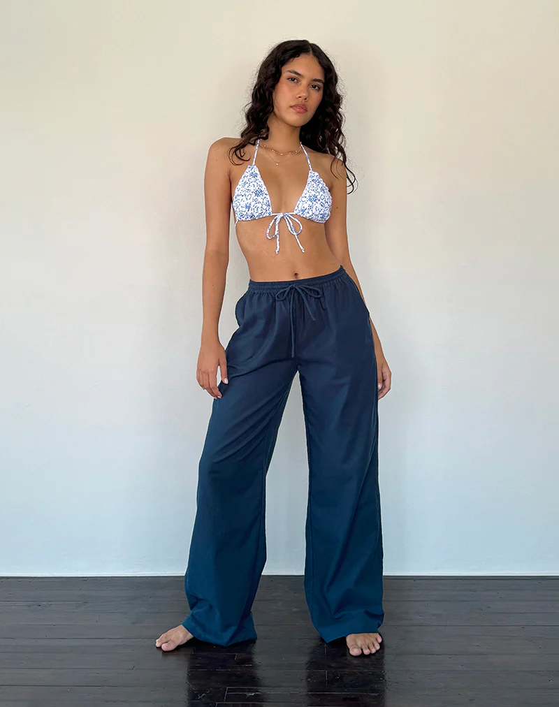 Wasic Wide Leg Linen Trouser in Navy - Awmao