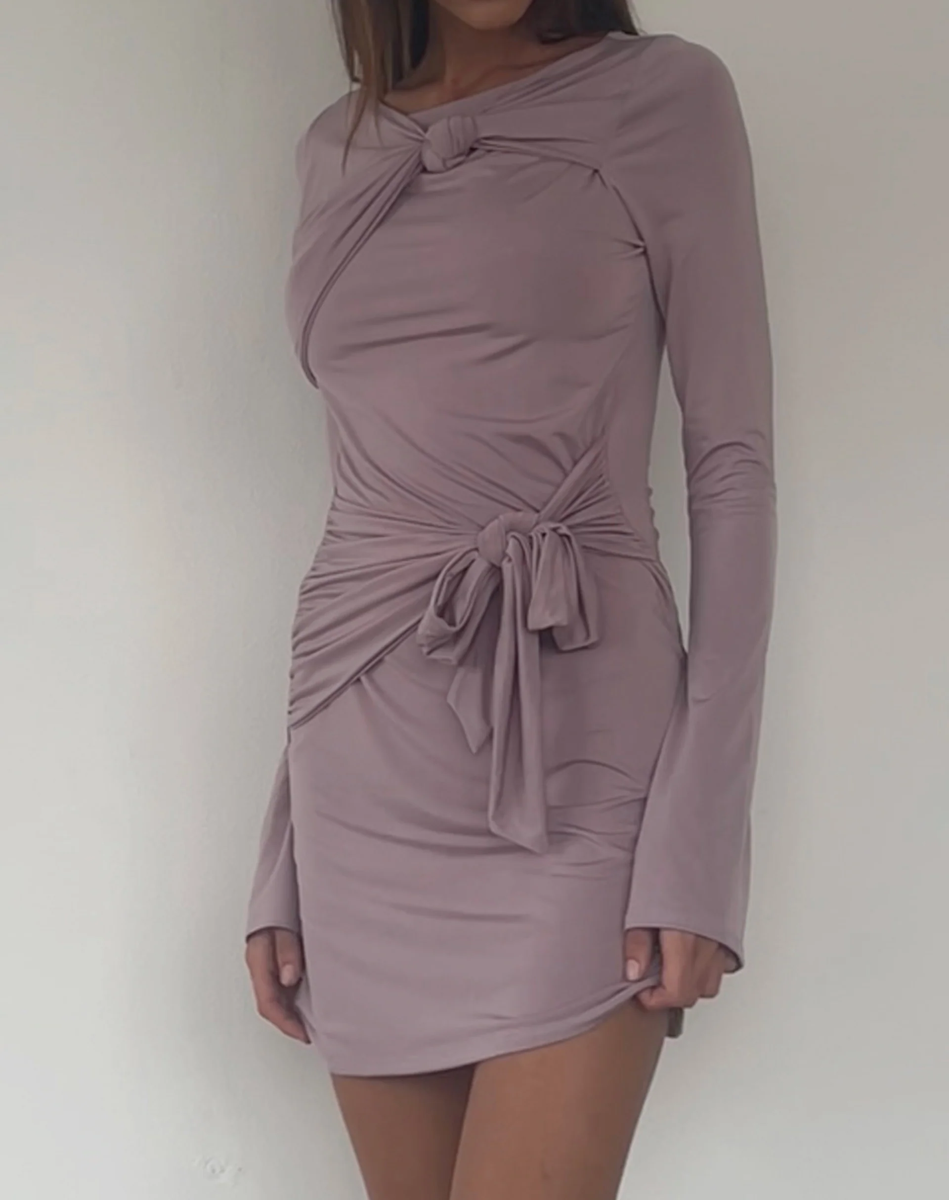 Kari Knot Mini Dress in Slinky Mauve - Awmao