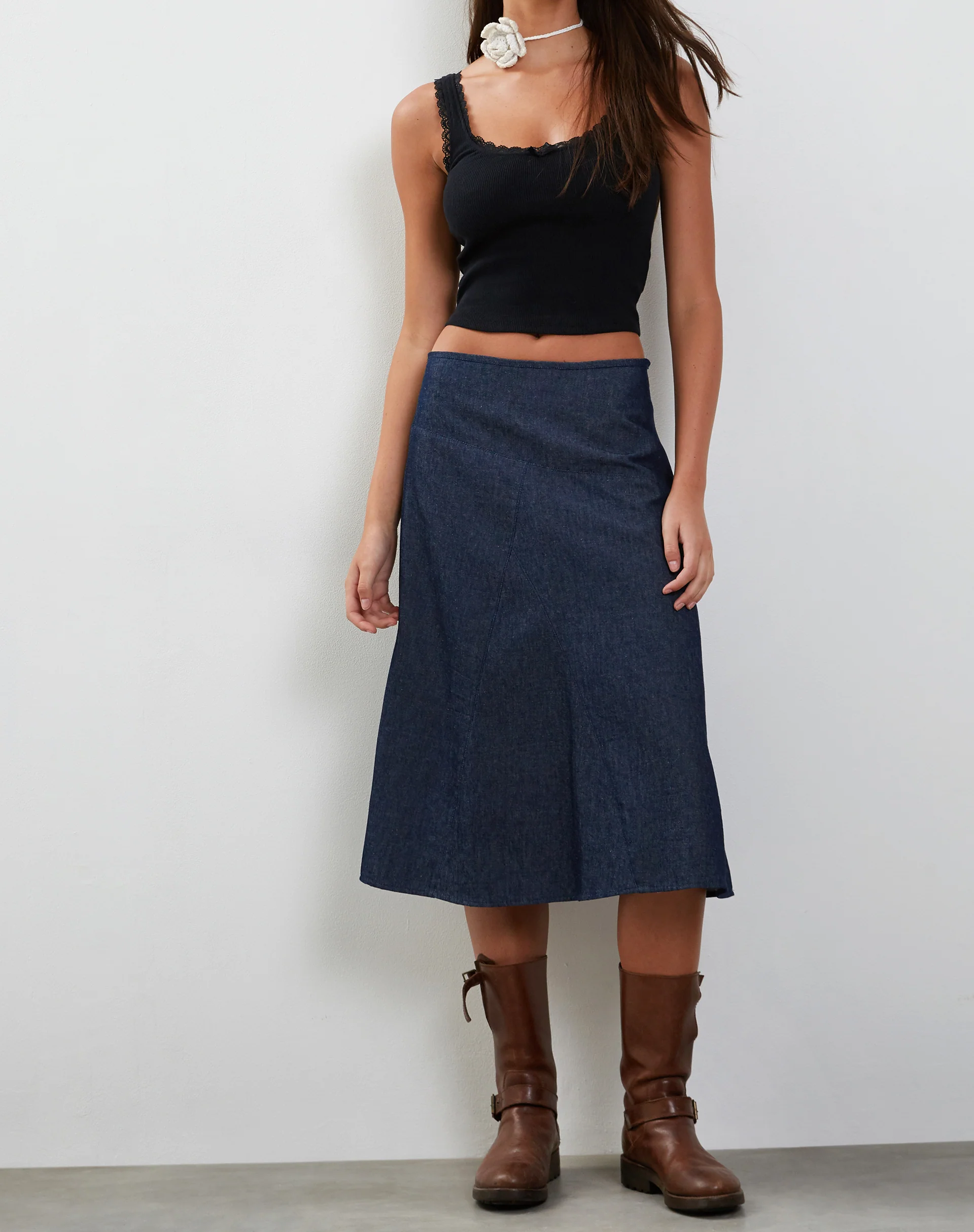 Imbrella Denim Midi Skirt in Dark Indigo - Awmao