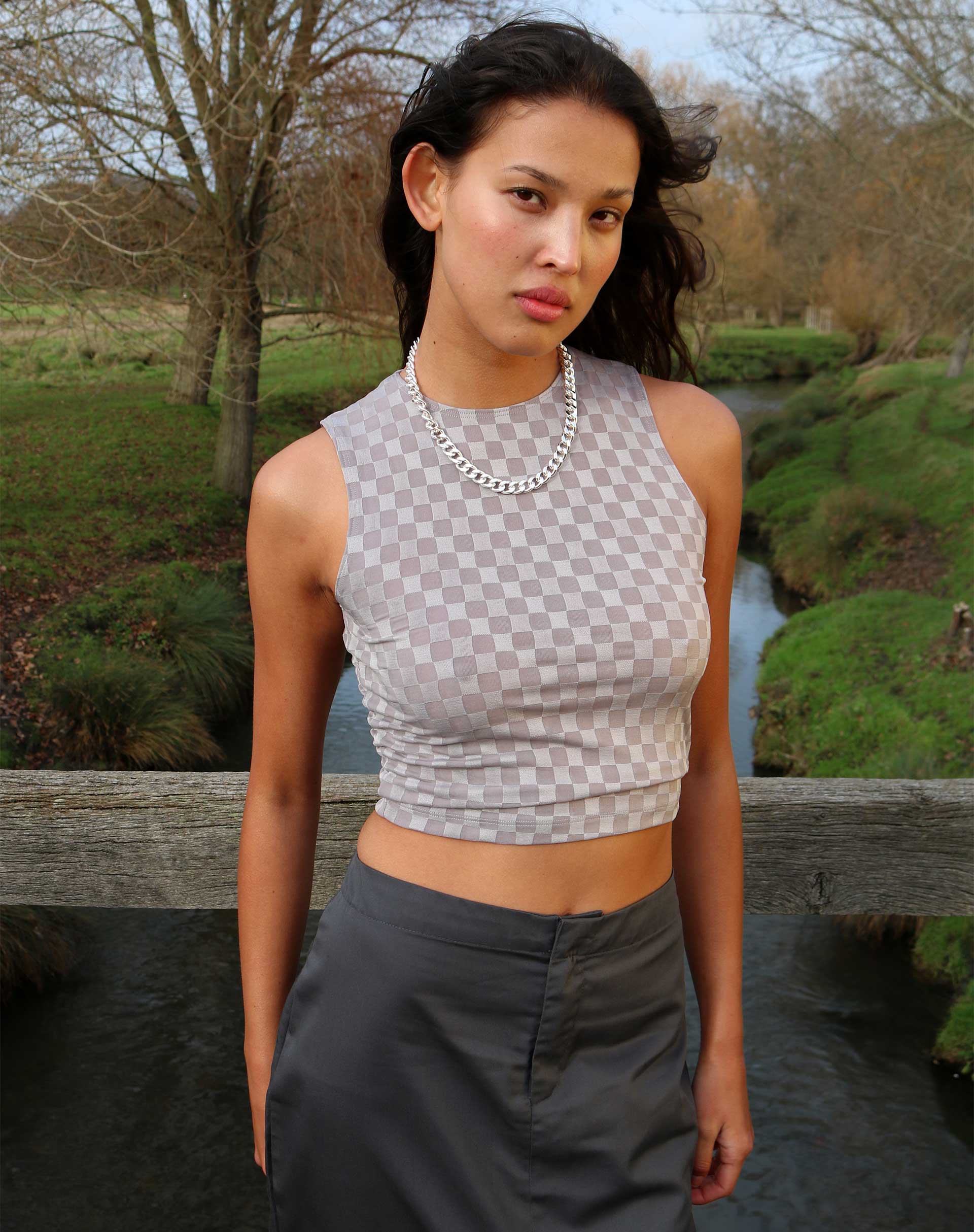 Monlo Vest Top in Check Grey - Awmao
