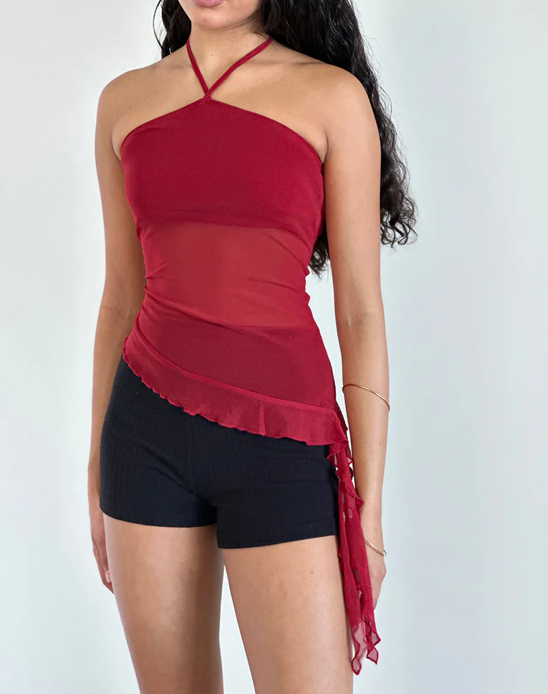 Arabella Halterneck Top in Mesh Cherry - Awmao