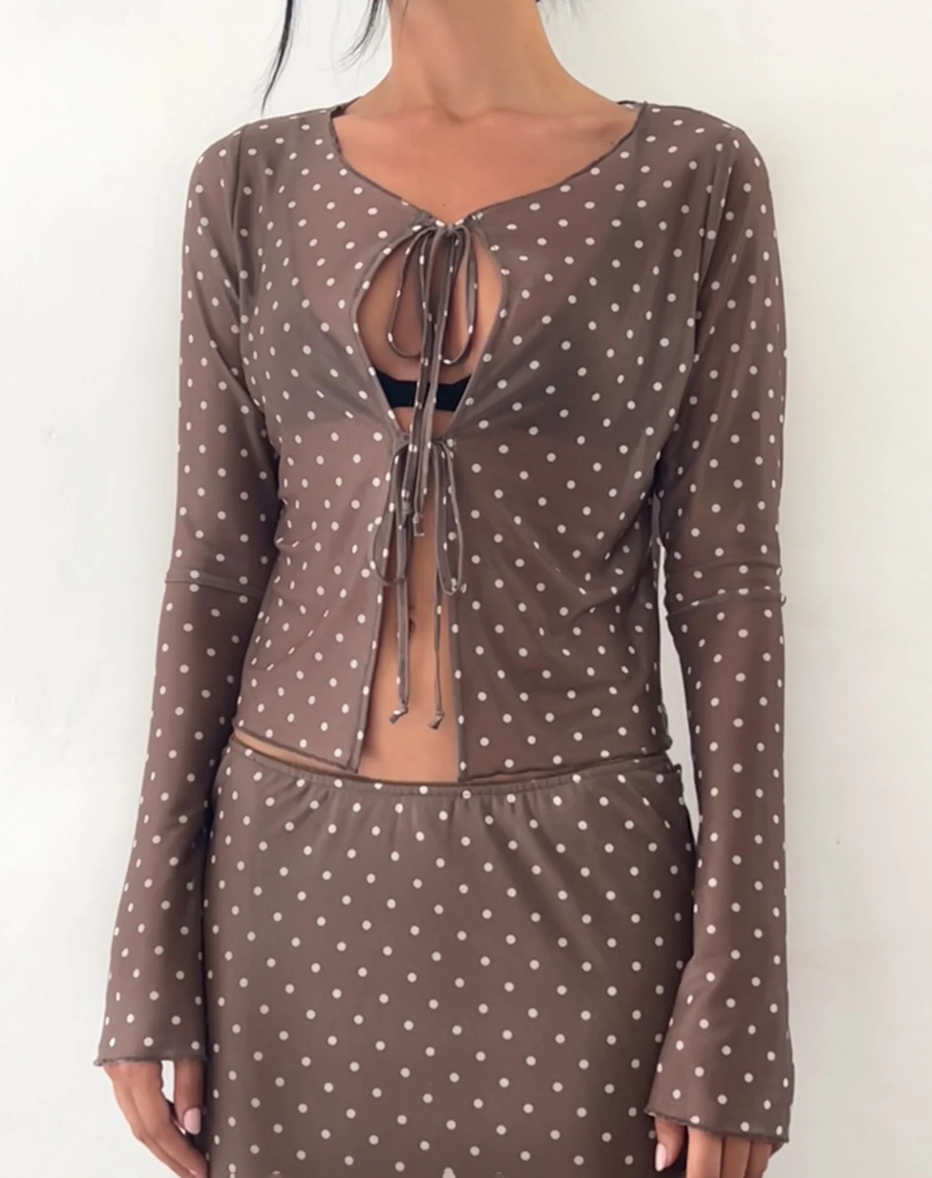 Araceli Tie Front Top in Basic Polka Brown - Awmao