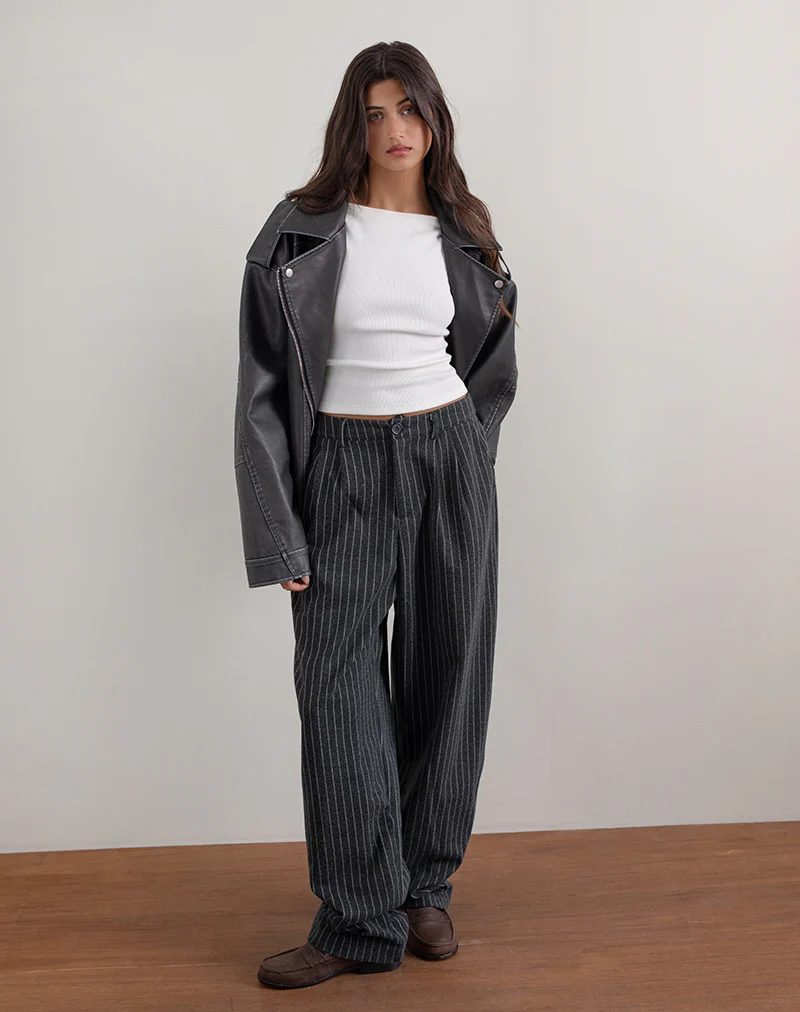 Misha Wide Leg Trouser in Pinstripe Black - Awmao