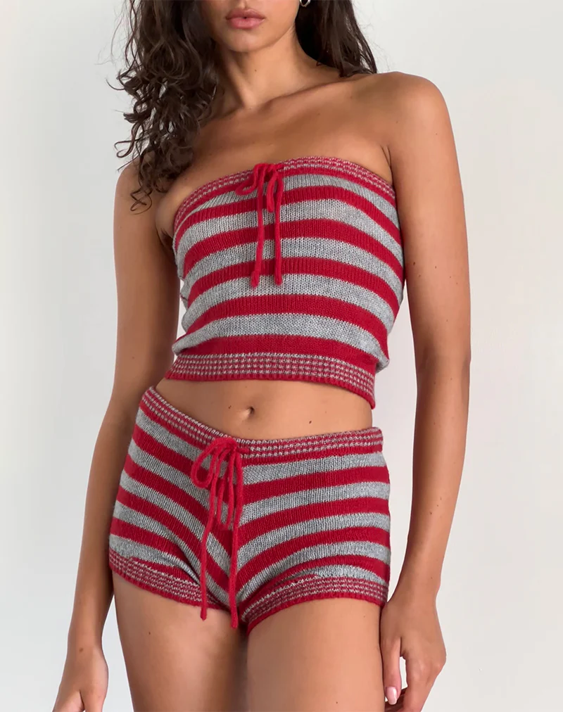 Renha Hot Pants in Red and Grey Stripe - Awmao