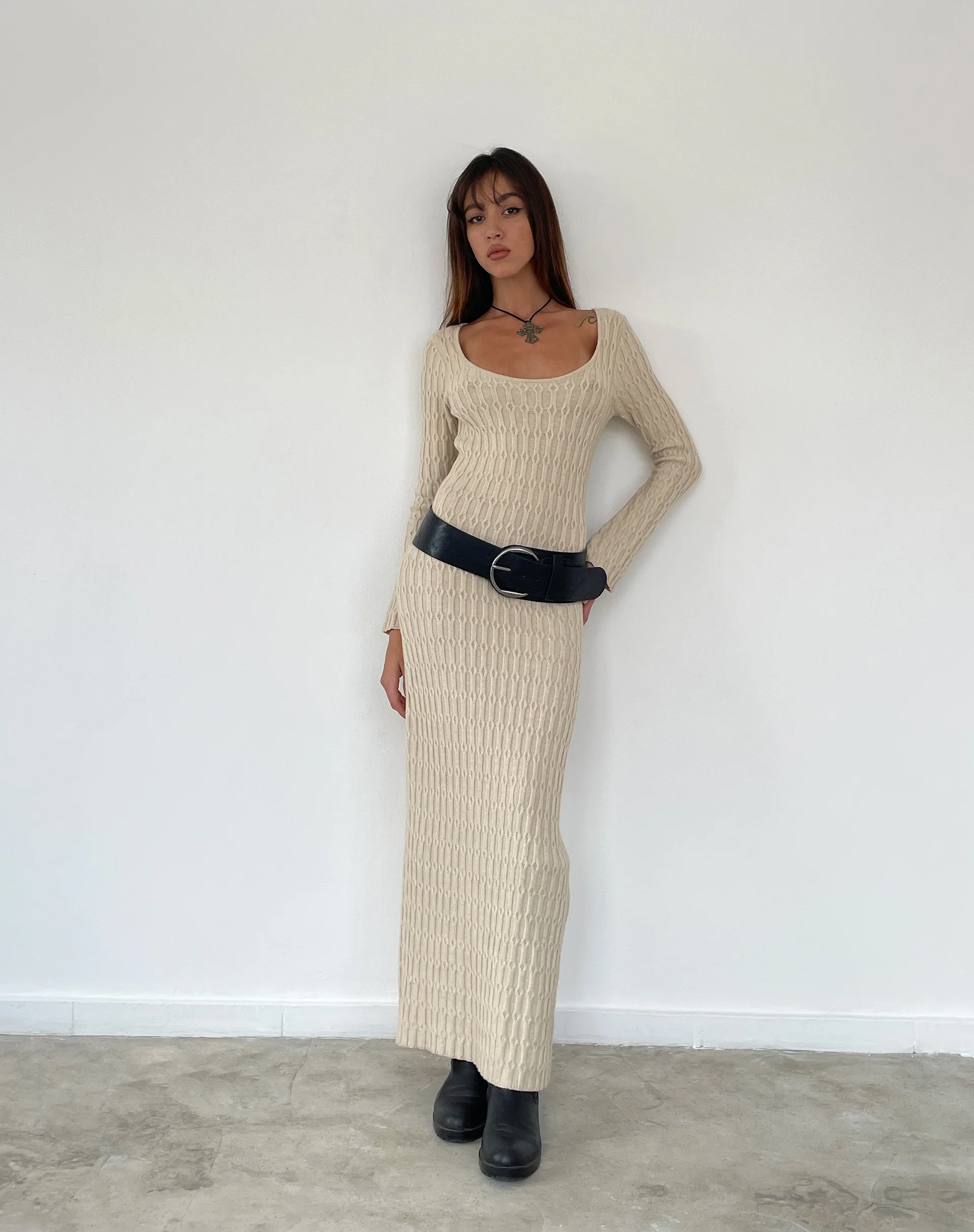 Kiasta Long Sleeve Maxi Dress in Neutral Knit - Awmao