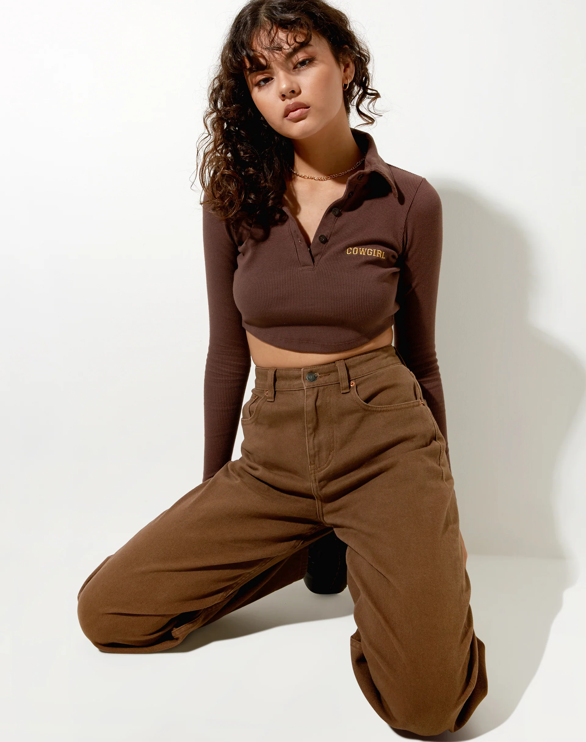 Elody Crop Top in Rib Deep Mahogany Cowgirl Embro - Awmao