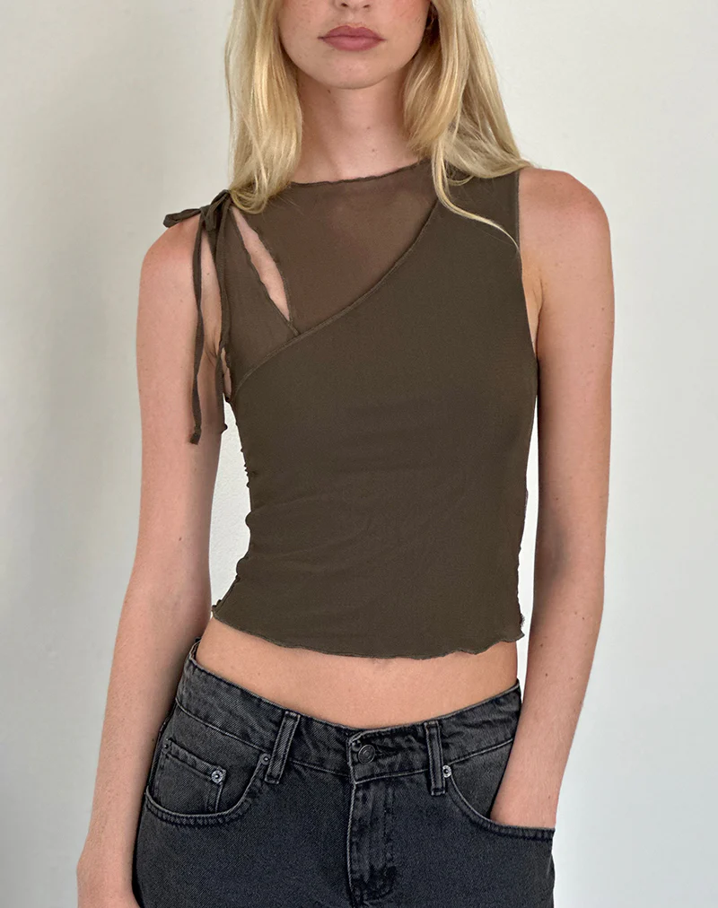Moni Tie Tank Top in Mesh Khaki - Awmao