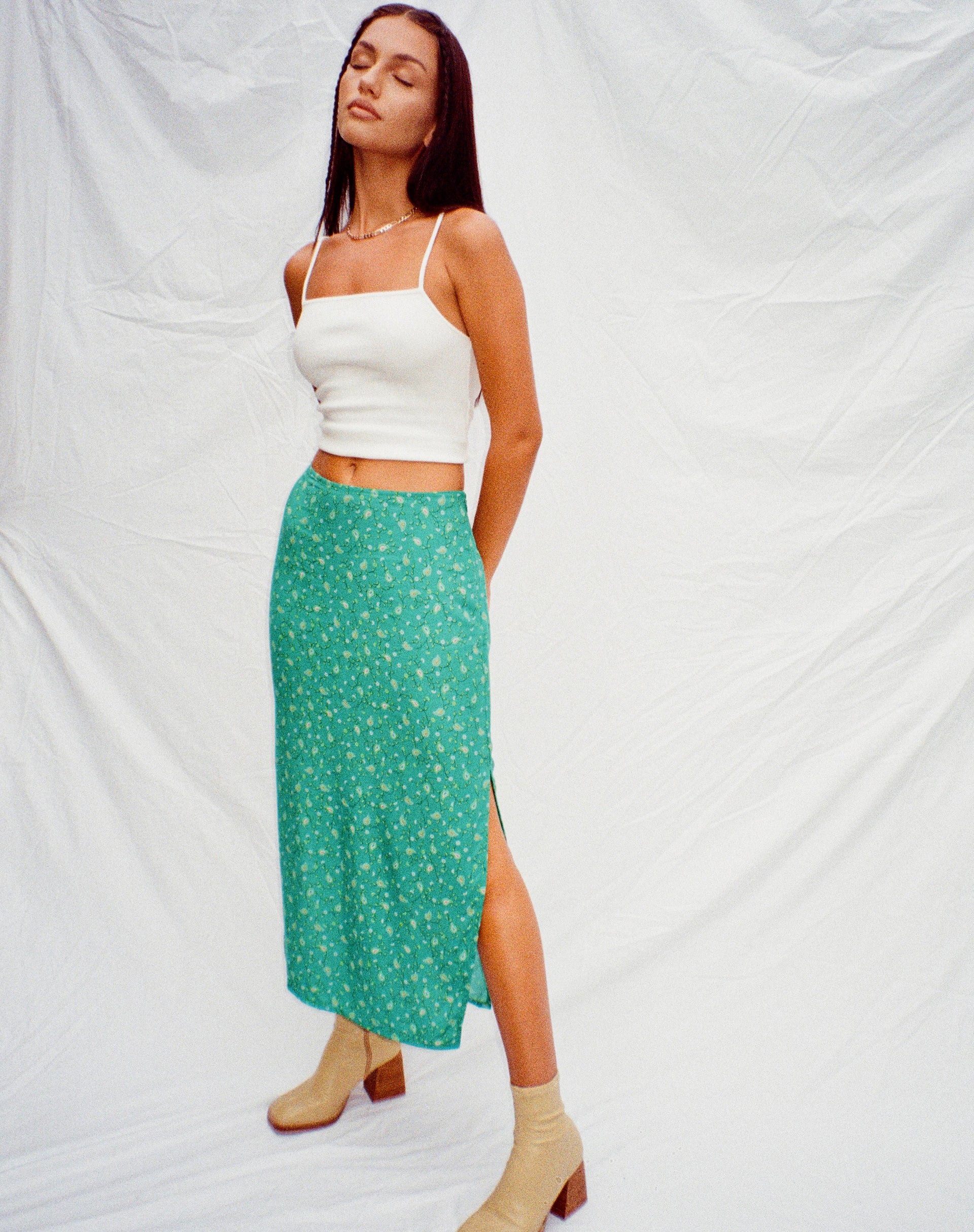 Kindra Midi Skirt in Paisley Fun Green - Awmao