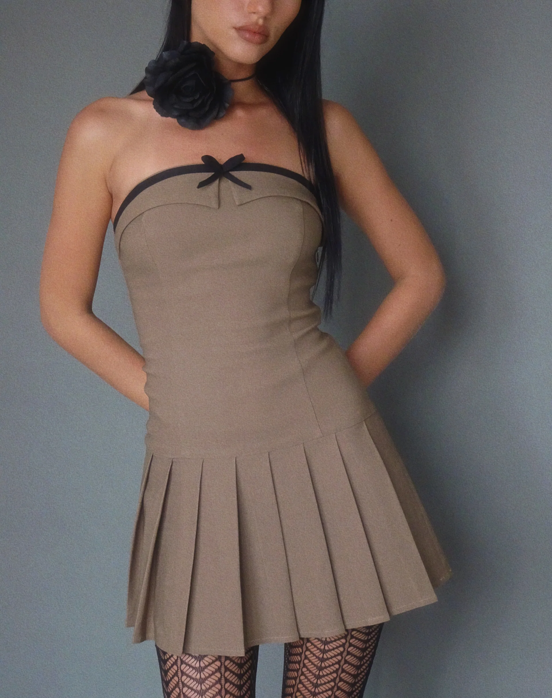 Yalua Bandeau Mini Dress in Coco with Black Bow - Awmao
