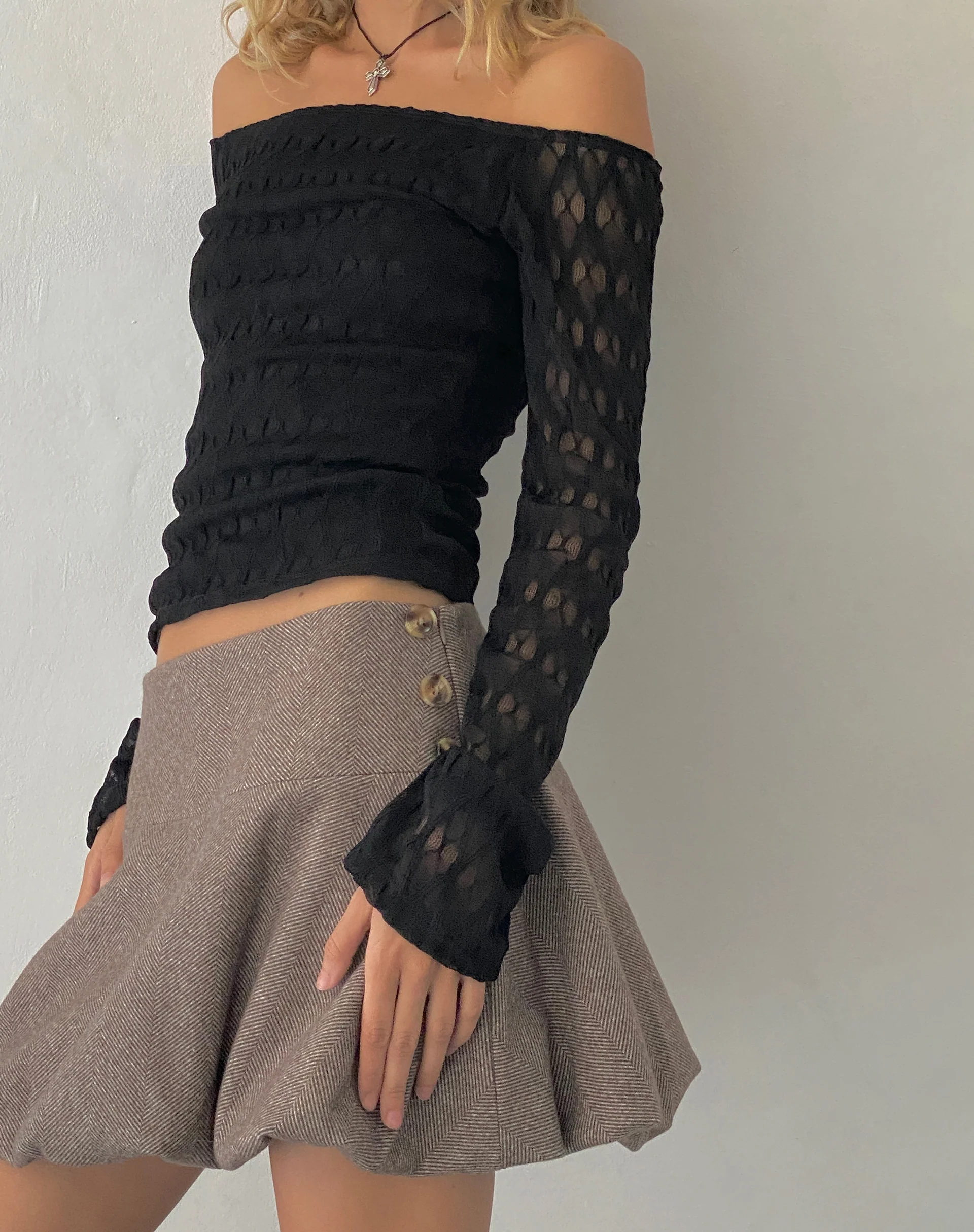 Celina Puffball Mini Skirt in Dark Brown Tailoring - Awmao