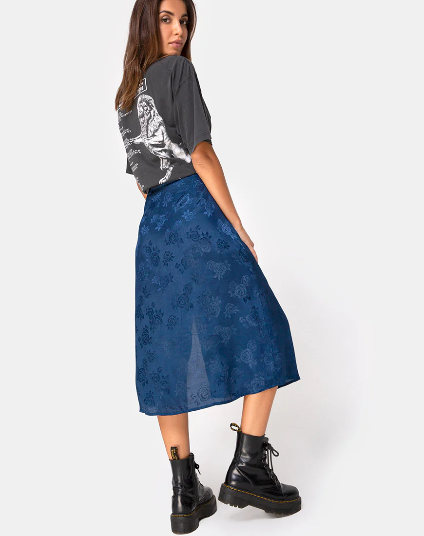 Saika Midi Skirt in Satin Rose Navy - Awmao