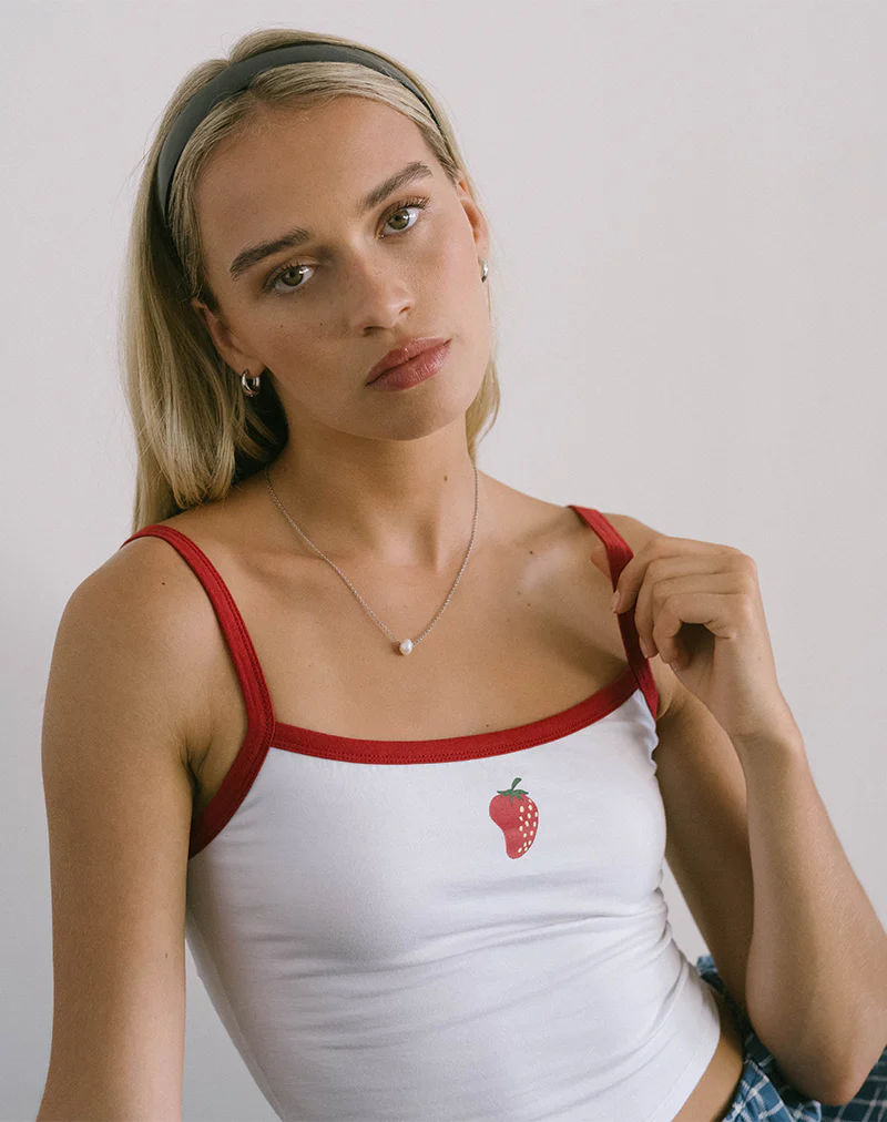 Icah Vest Top in White with Red Binding and Strawberry - Awmao