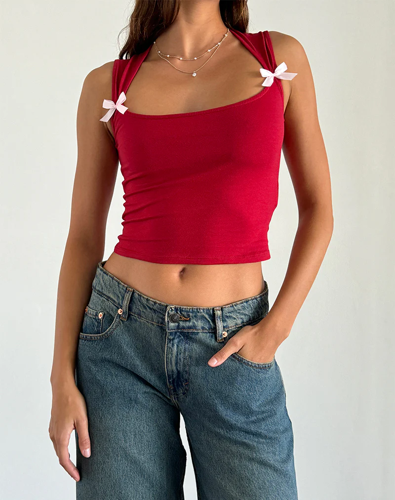 Jiniso Crop Top in Adrenaline Red with Pink Bows - Awmao