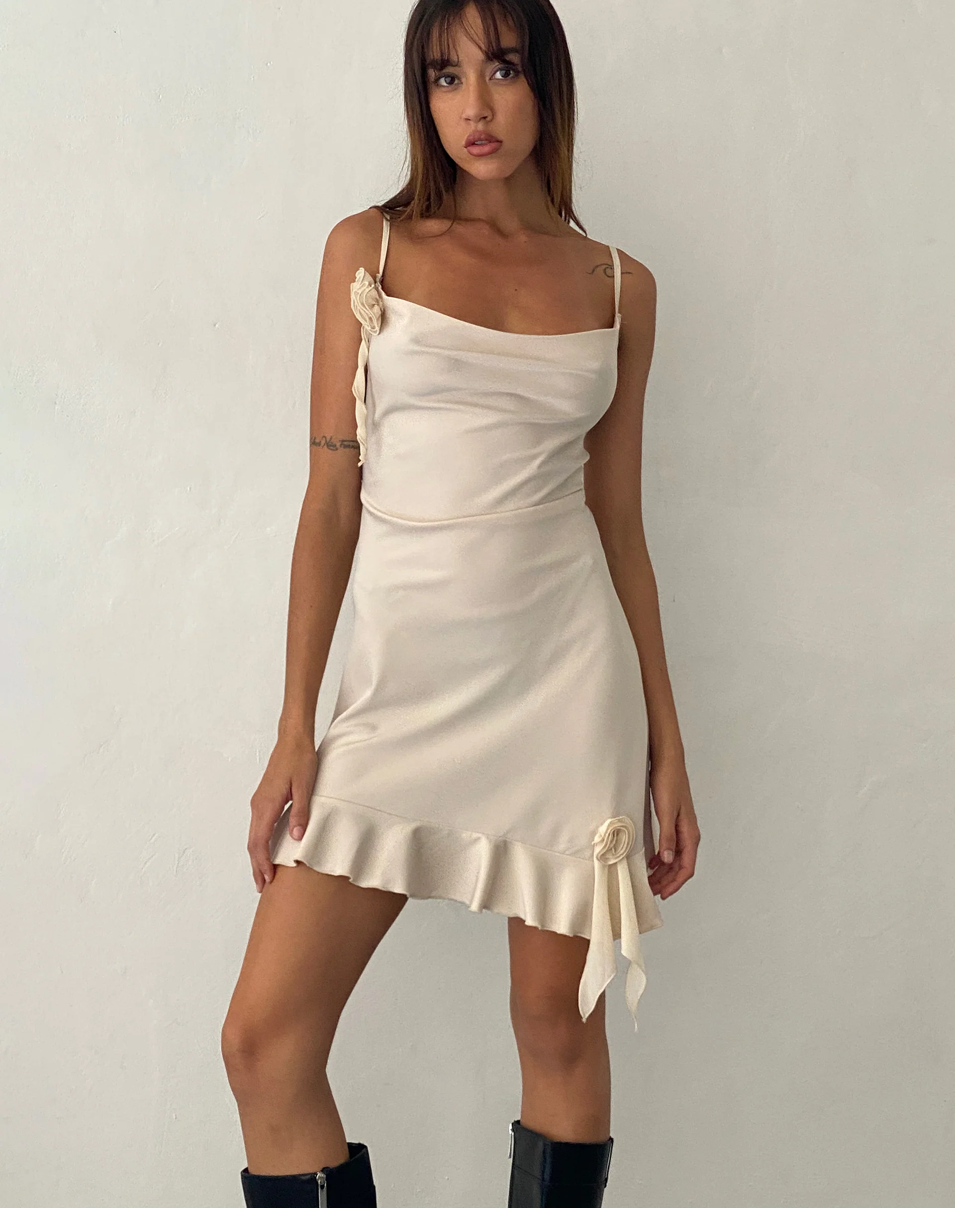 Litera Ruffle Rosette Mini Dress in Cream - Awmao