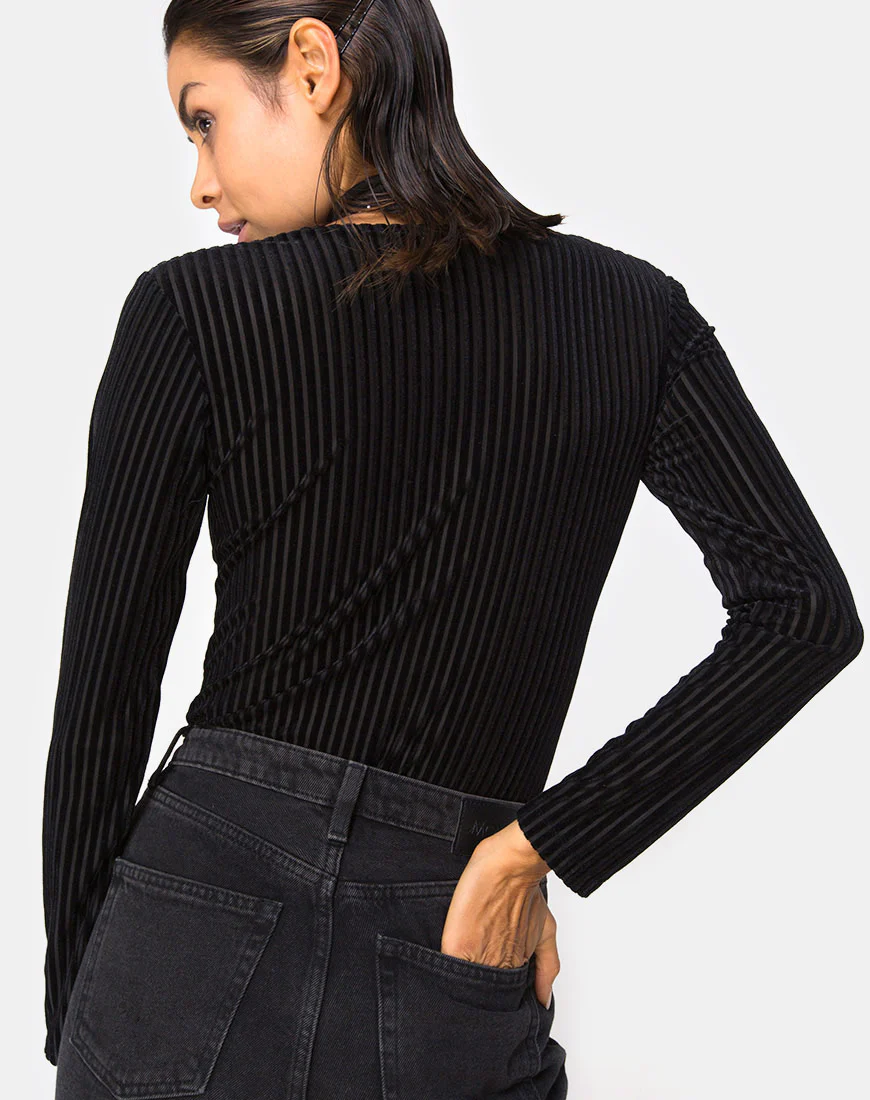Lao Plunge Bodice in Black Sheer Stripe - Awmao
