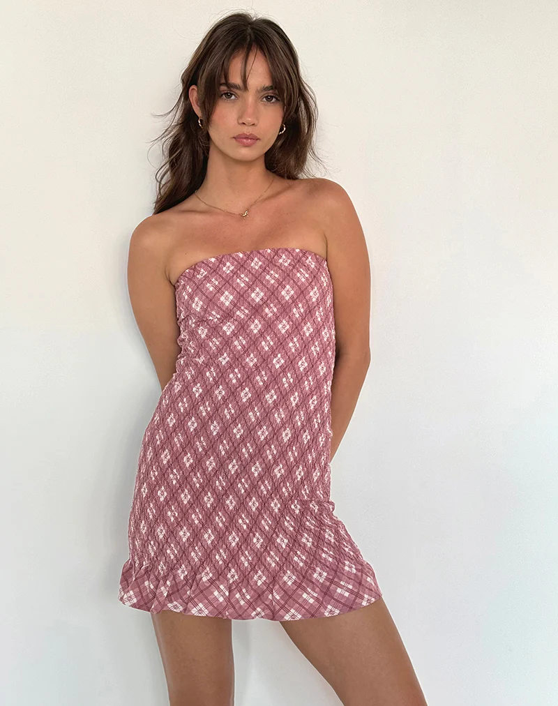 Takiyo Bandeau Mini Dress in Pink Tartan - Awmao