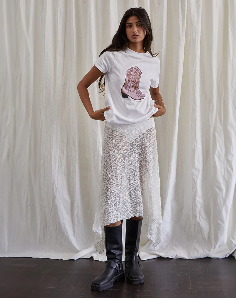 Saki Tee in White with Pink Cowboy Boot Print - Awmao