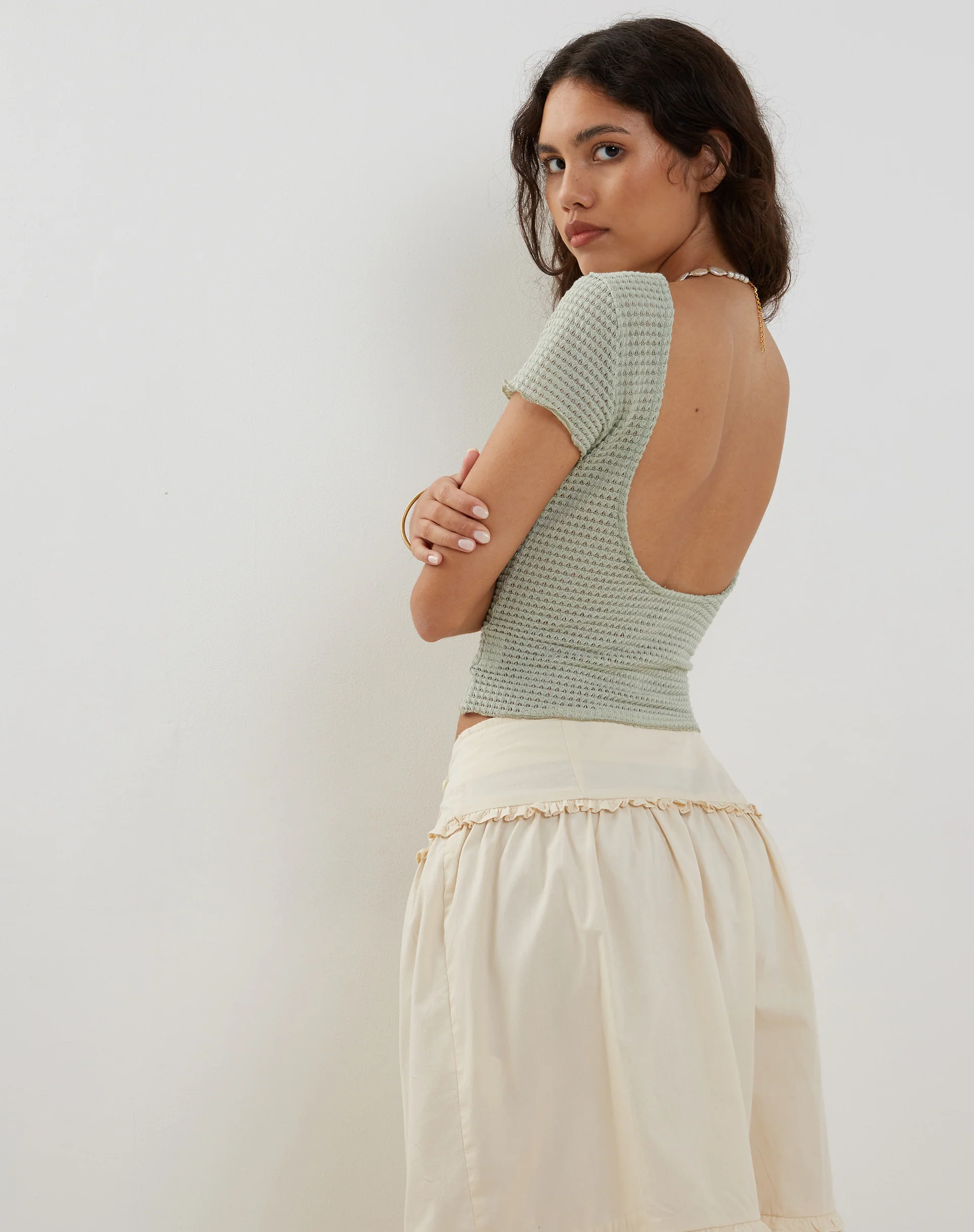 Xiwang Crop Top in Sage Textured Crochet - Awmao