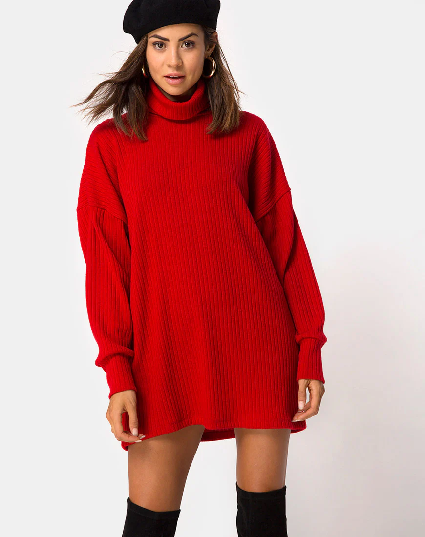 Neve High Neck Dress in Red - Awmao