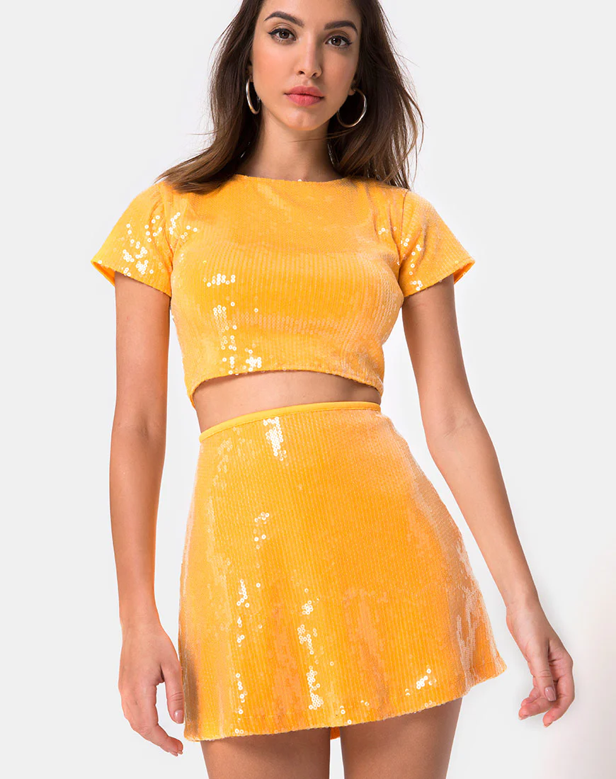 Ewi Skirt in Tangerine with Clear Sequin - Awmao