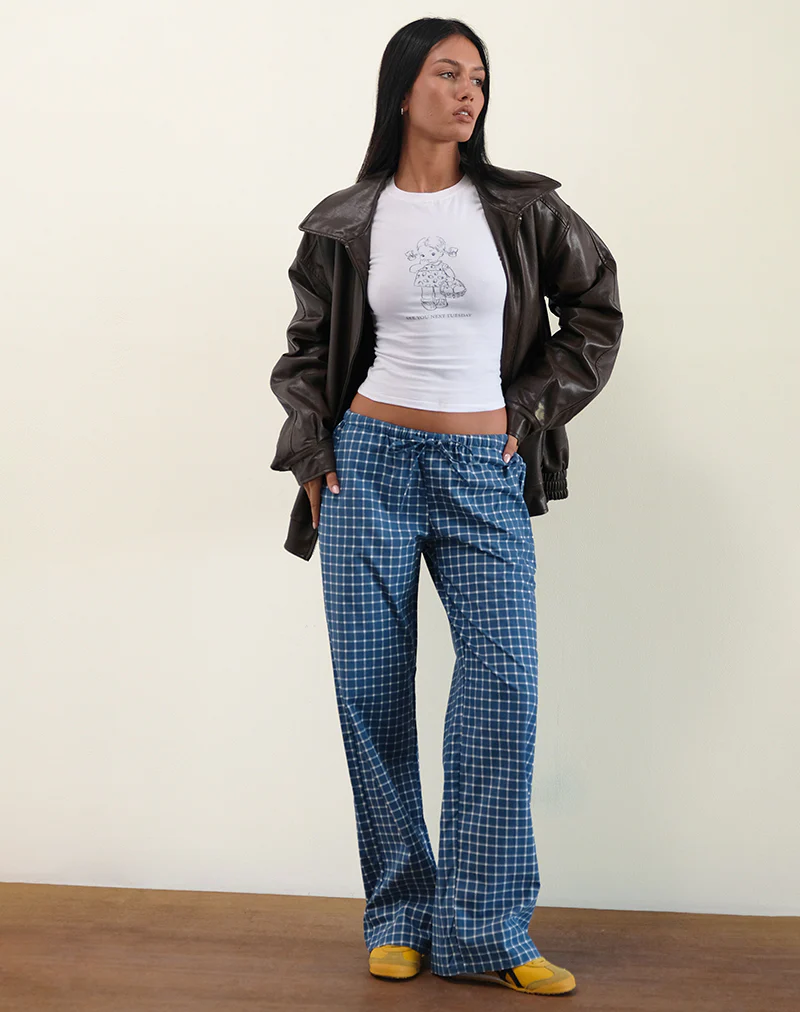 Lirura Low Rise Trouser in Navy Tartan Poplin - Awmao