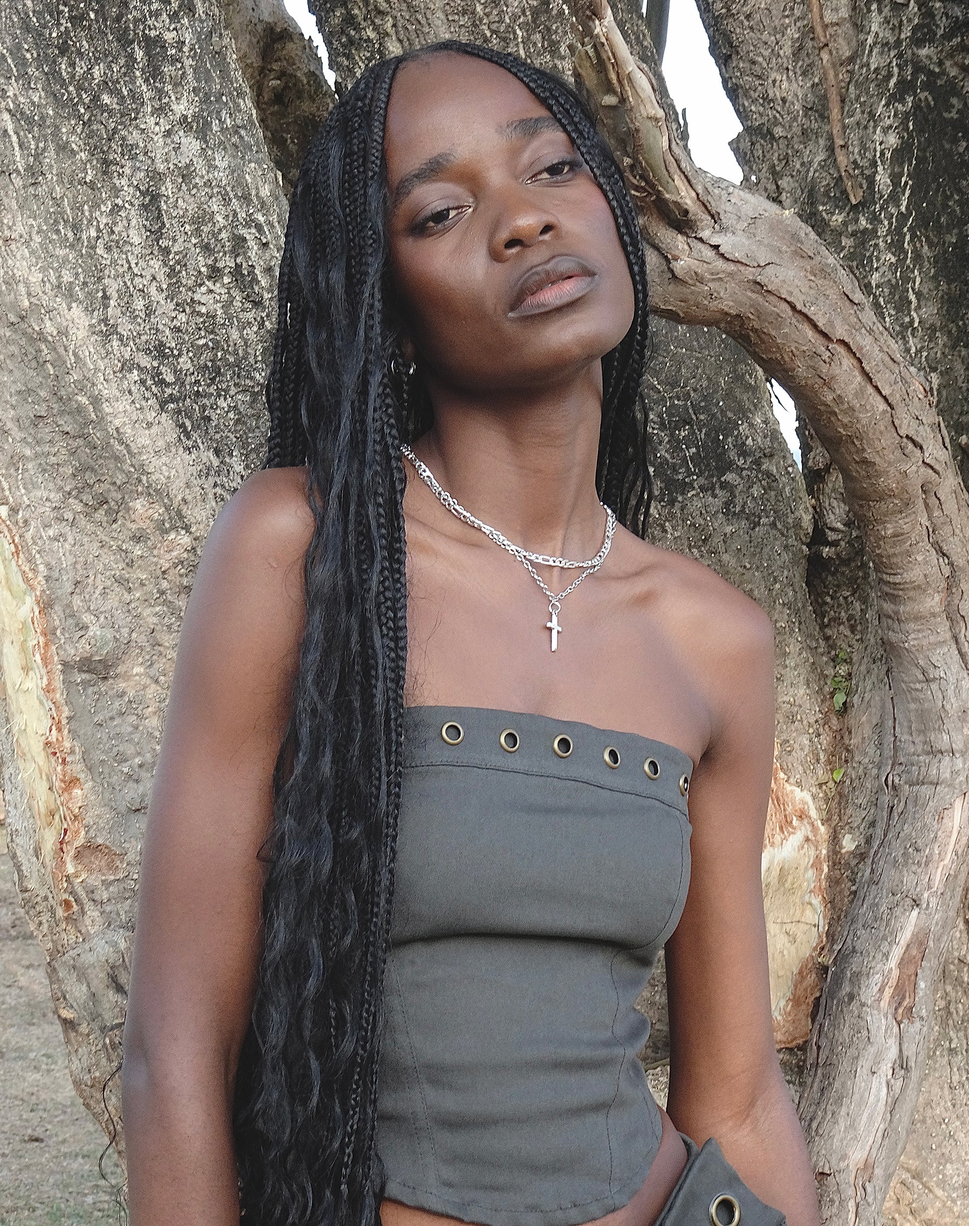 Estel Eyelet Bandeau Top in Charcoal Grey - Awmao
