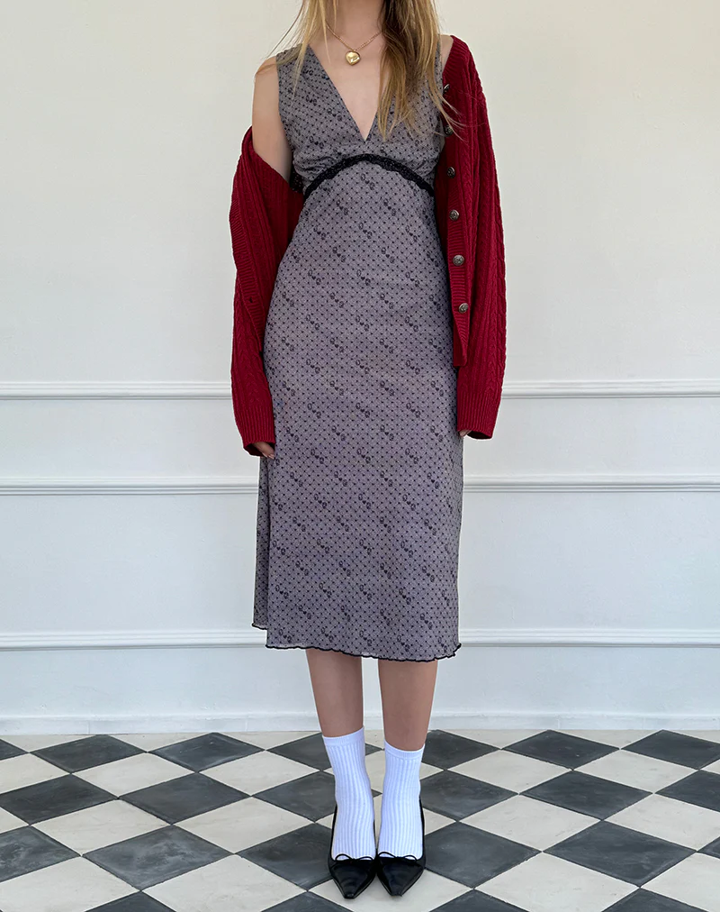 Vasida Mesh Midi Dress in Queen of Hearts - Awmao