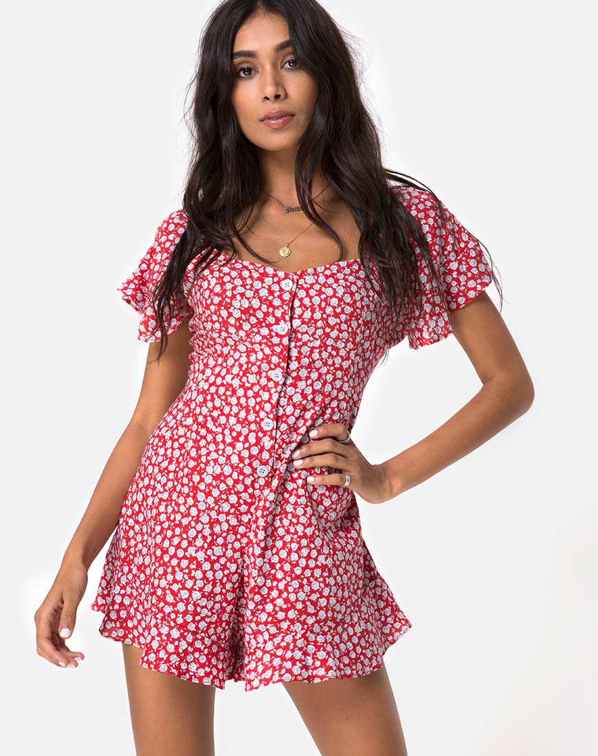 Bae Playsuit in Ditsy Rose Red and Silver - Awmao