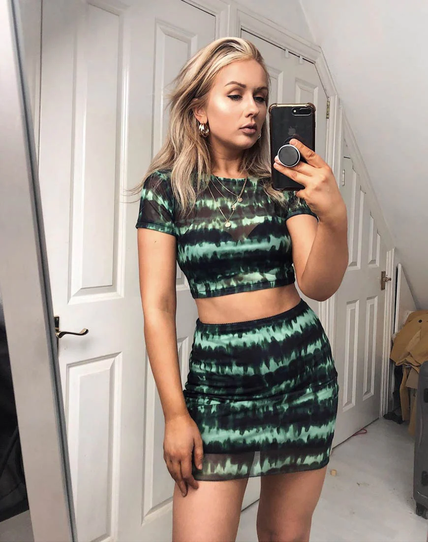 Tindy Crop Top in Tie Dye Turquoise Mesh - Awmao