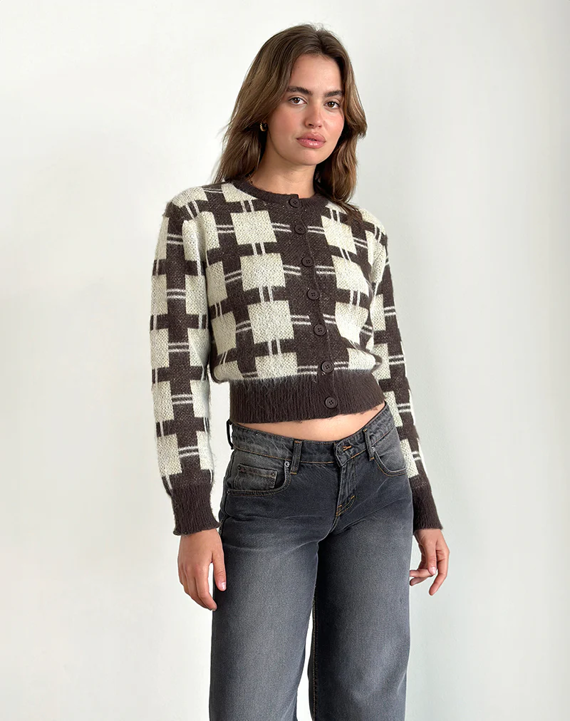 Anzio Knitted Cardigan in Check Brown - Awmao