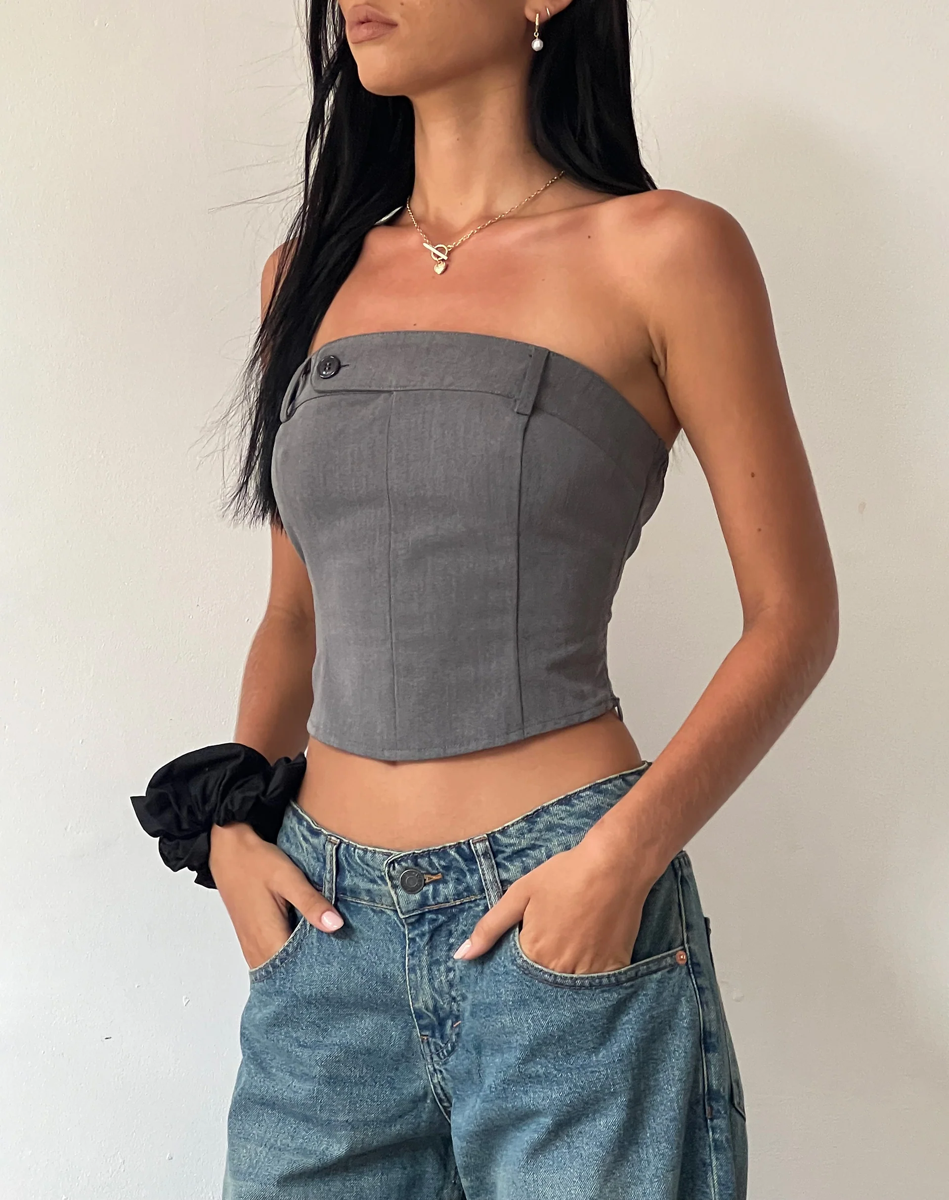 Manaf Belt Detail Corset Top in Tailoring Charcoal - Awmao
