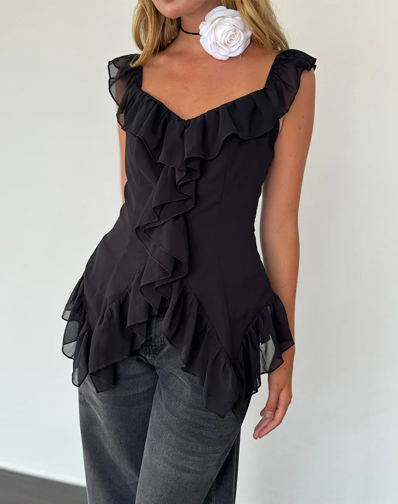 Glaiza Ruffle Cami Top in Black - Awmao
