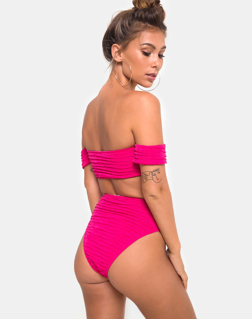 Shaca Bikini Top in 80's Crinkle Pink Highlighter - Awmao