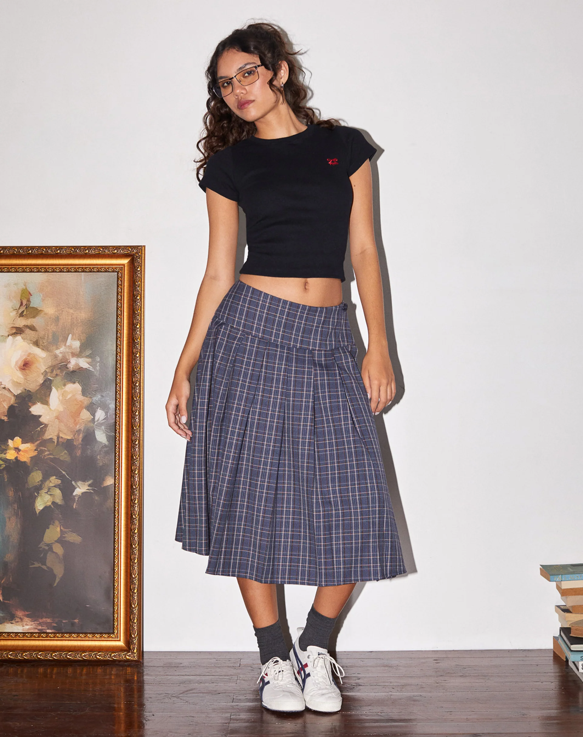 Catelyn Pleated Midi Skirt in Navy Check - Awmao