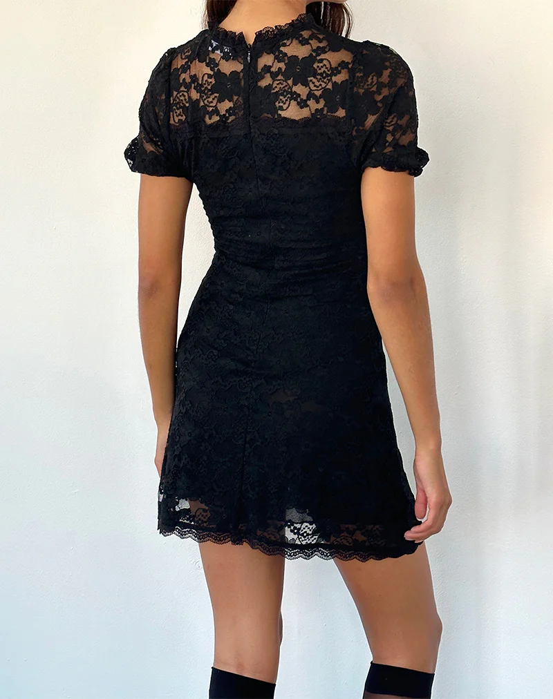 Adele Mini Tea Dress in Black Jasmine Lace - Awmao
